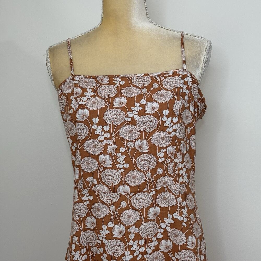 Saks Fifth Avenue Floral Ruffle Linen Blend Midi Dress Size L Brown White - Picture 4 of 12
